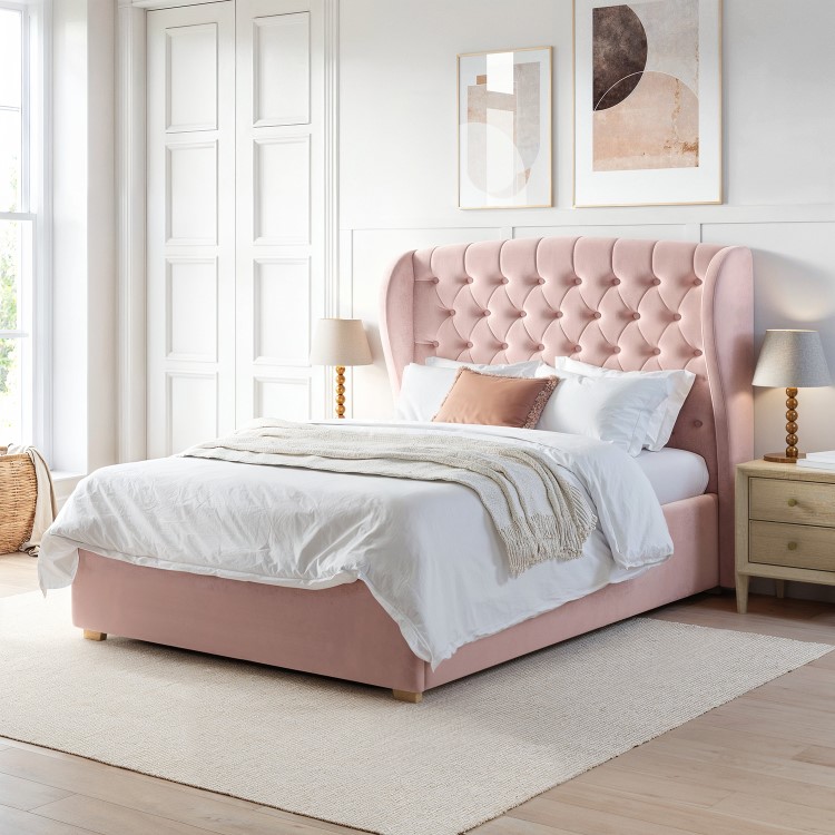 Pink Velvet Double Ottoman Bed with Winged Headboard - Safina