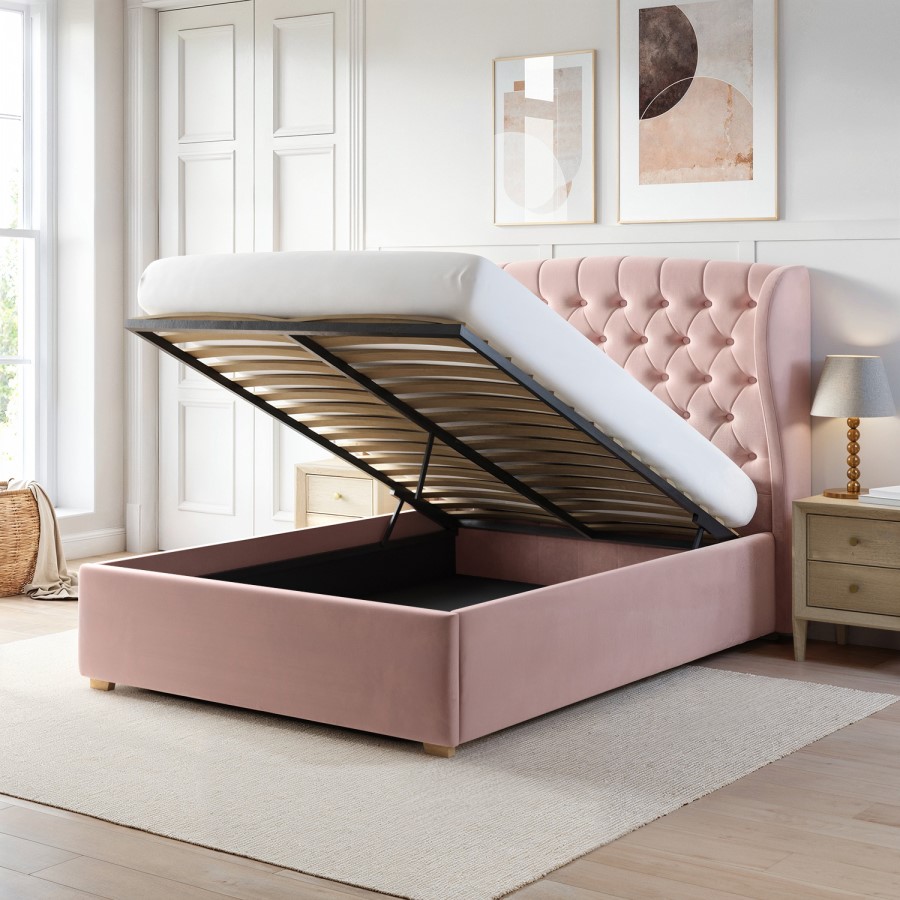 ONLY OPENED - Pink Velvet Double Ottoman Bed with Winged Headboard - Safina