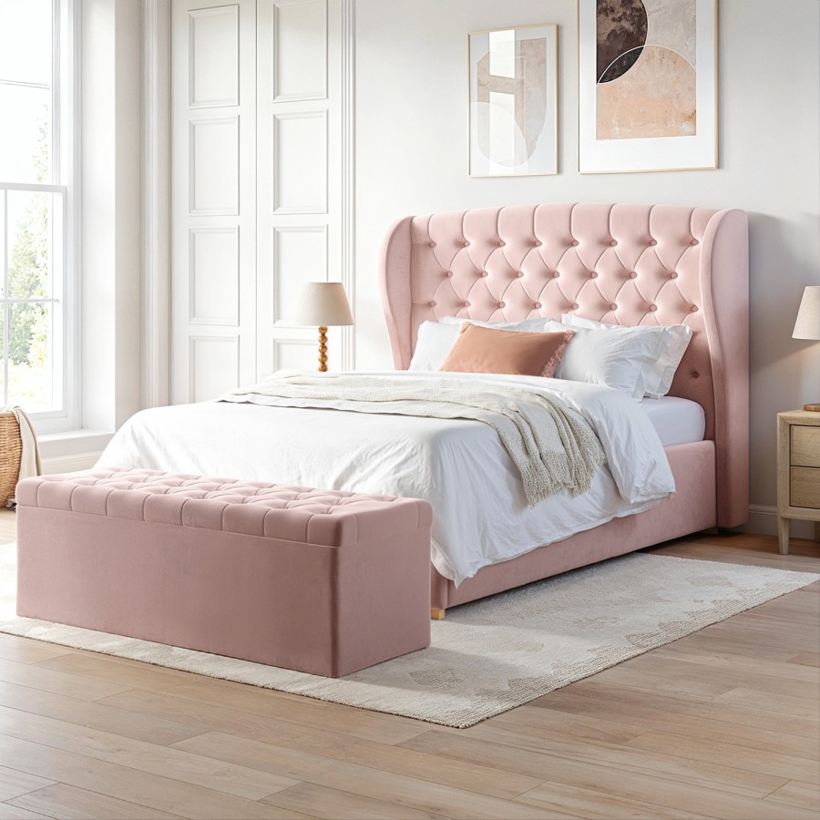 ONLY OPENED - Pink Velvet Double Ottoman Bed with Winged Headboard - Safina