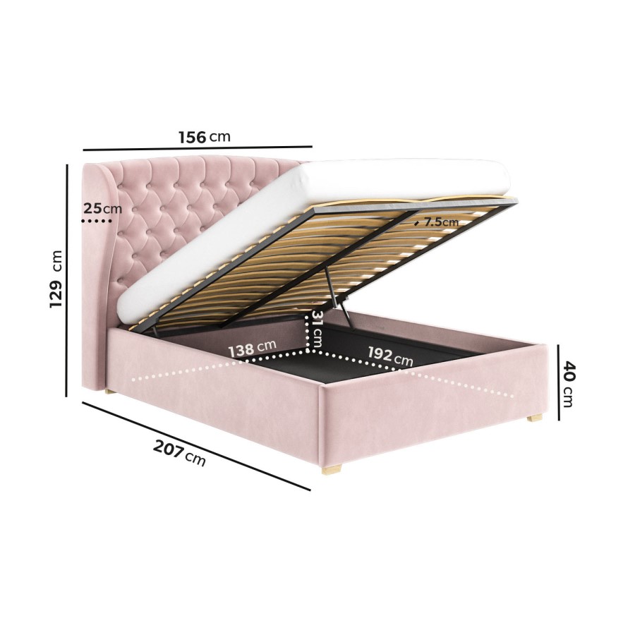 ONLY OPENED - Pink Velvet Double Ottoman Bed with Winged Headboard - Safina