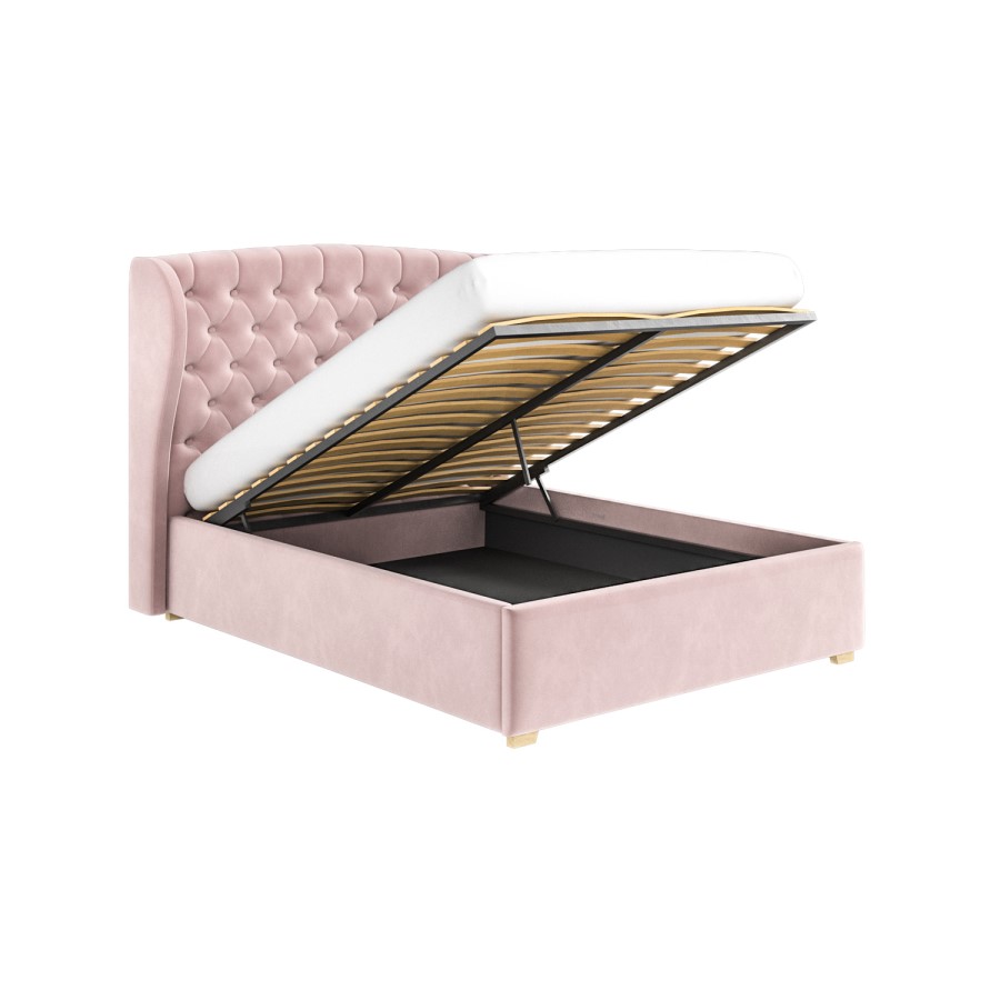 ONLY OPENED - Pink Velvet Double Ottoman Bed with Winged Headboard - Safina