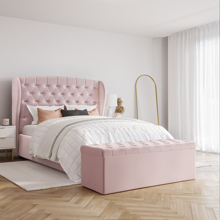 GRADE A1 - Pink Velvet Double Ottoman Bed with Winged Headboard - Safina