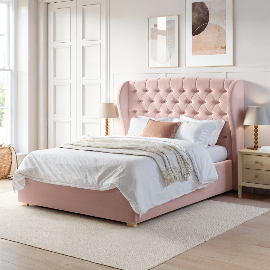 ONLY OPENED - Pink Velvet King Size Ottoman Bed with Winged Headboard - Safina