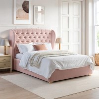 Pink Velvet King Size Ottoman Bed with Winged Headboard - Safina