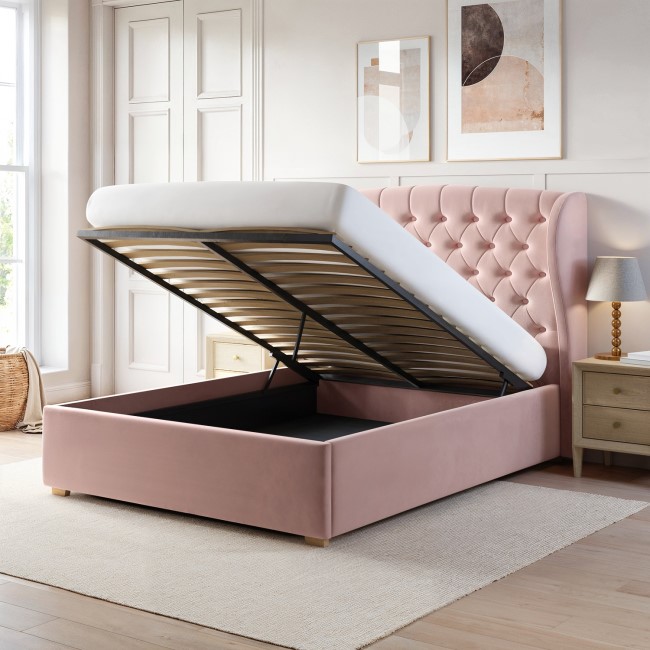 Pink Velvet King Size Ottoman Bed with Winged Headboard - Safina