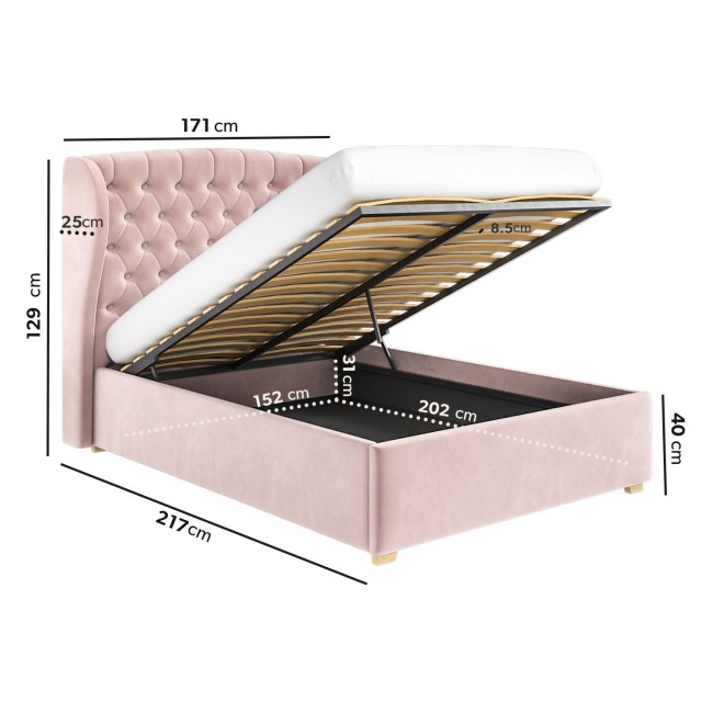 Pink Velvet King Size Ottoman Bed with Winged Headboard - Safina