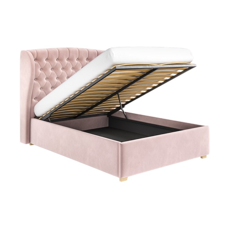 Pink Velvet King Size Ottoman Bed with Winged Headboard - Safina