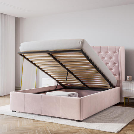 GRADE A2 - Pink Velvet King Size Ottoman Bed with Winged Headboard - Safina