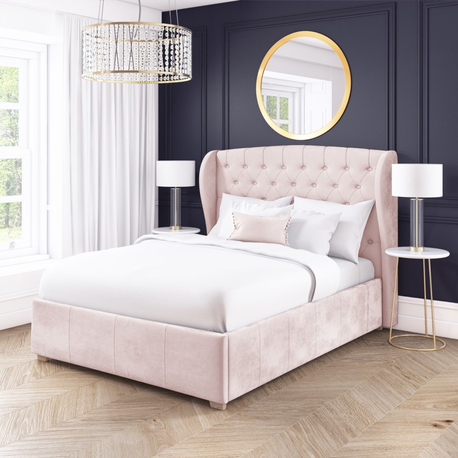 GRADE A2 - Safina King Size Wing Back Ottoman Bed in Baby Pink Velvet