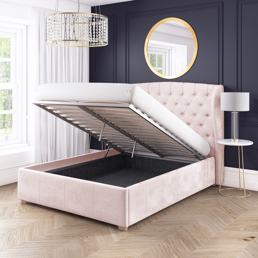 GRADE A2 - Safina King Size Wing Back Ottoman Bed in Baby Pink Velvet