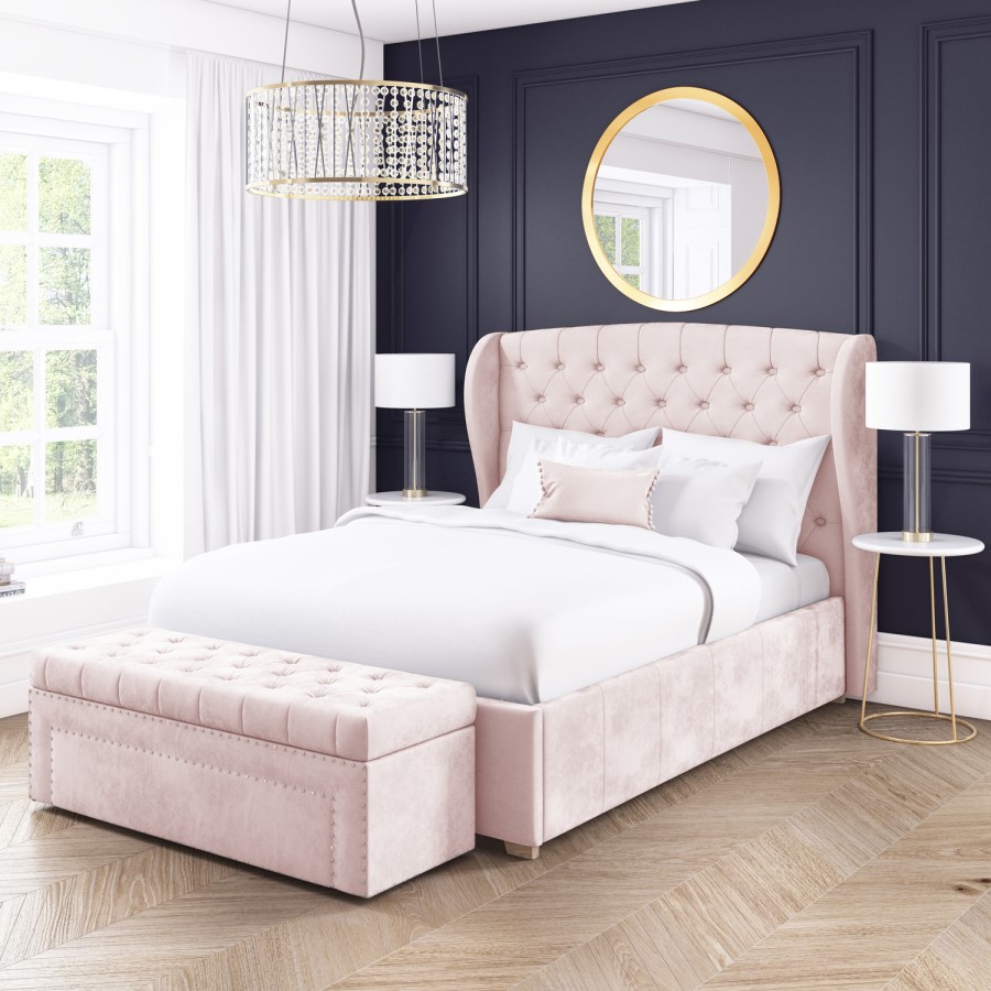 GRADE A2 - Safina King Size Wing Back Ottoman Bed in Baby Pink Velvet