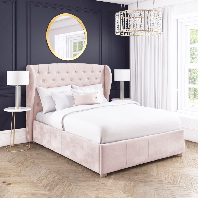 GRADE A2 - Safina Pink Velvet King Size Ottoman Bed with Winged Headboard