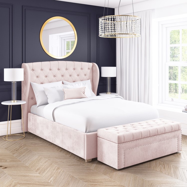 GRADE A2 - Safina Pink Velvet King Size Ottoman Bed with Winged Headboard