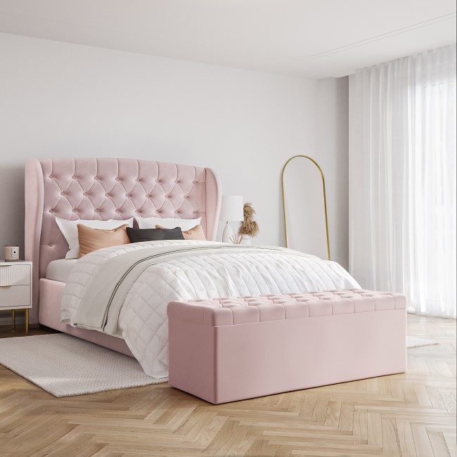 ONLY OPENED - Safina King Size Wing Back Ottoman Bed in Baby Pink Velvet