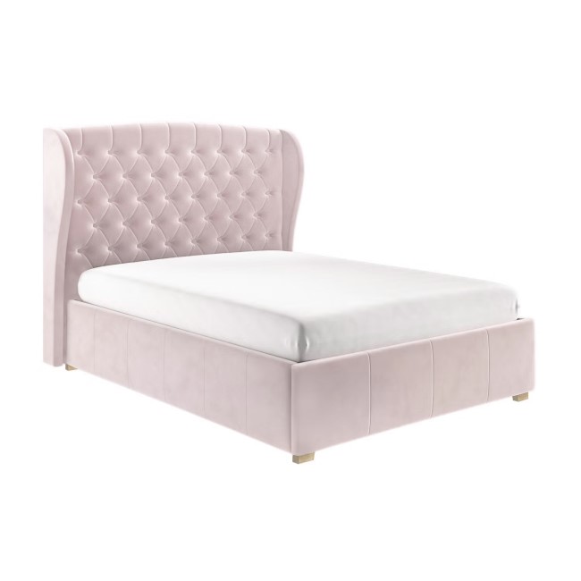 ONLY OPENED - Safina King Size Wing Back Ottoman Bed in Baby Pink Velvet