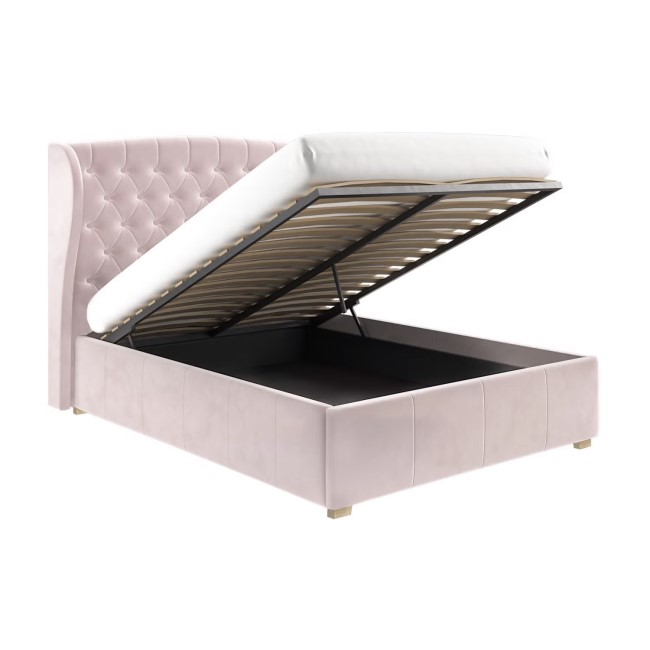 ONLY OPENED - Safina King Size Wing Back Ottoman Bed in Baby Pink Velvet