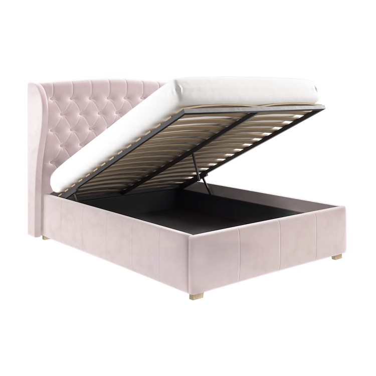 ONLY OPENED - Pink Velvet Small Double Ottoman Bed with Winged Headboard - Safina