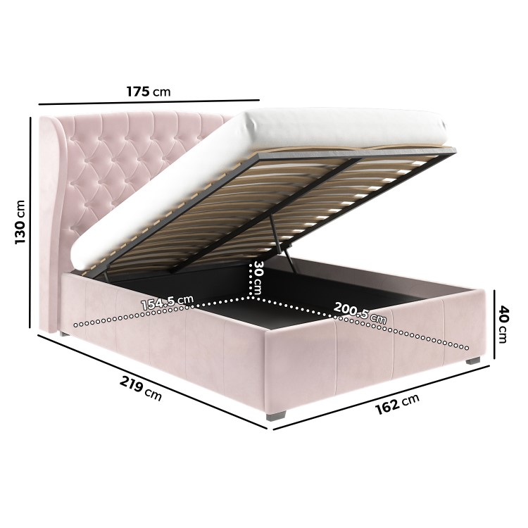 Pink Velvet King Size Ottoman Bed with Winged Headboard - Safina