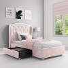 Pink Velvet Upholstered Single Bed Frame with Storage Drawer - Safina