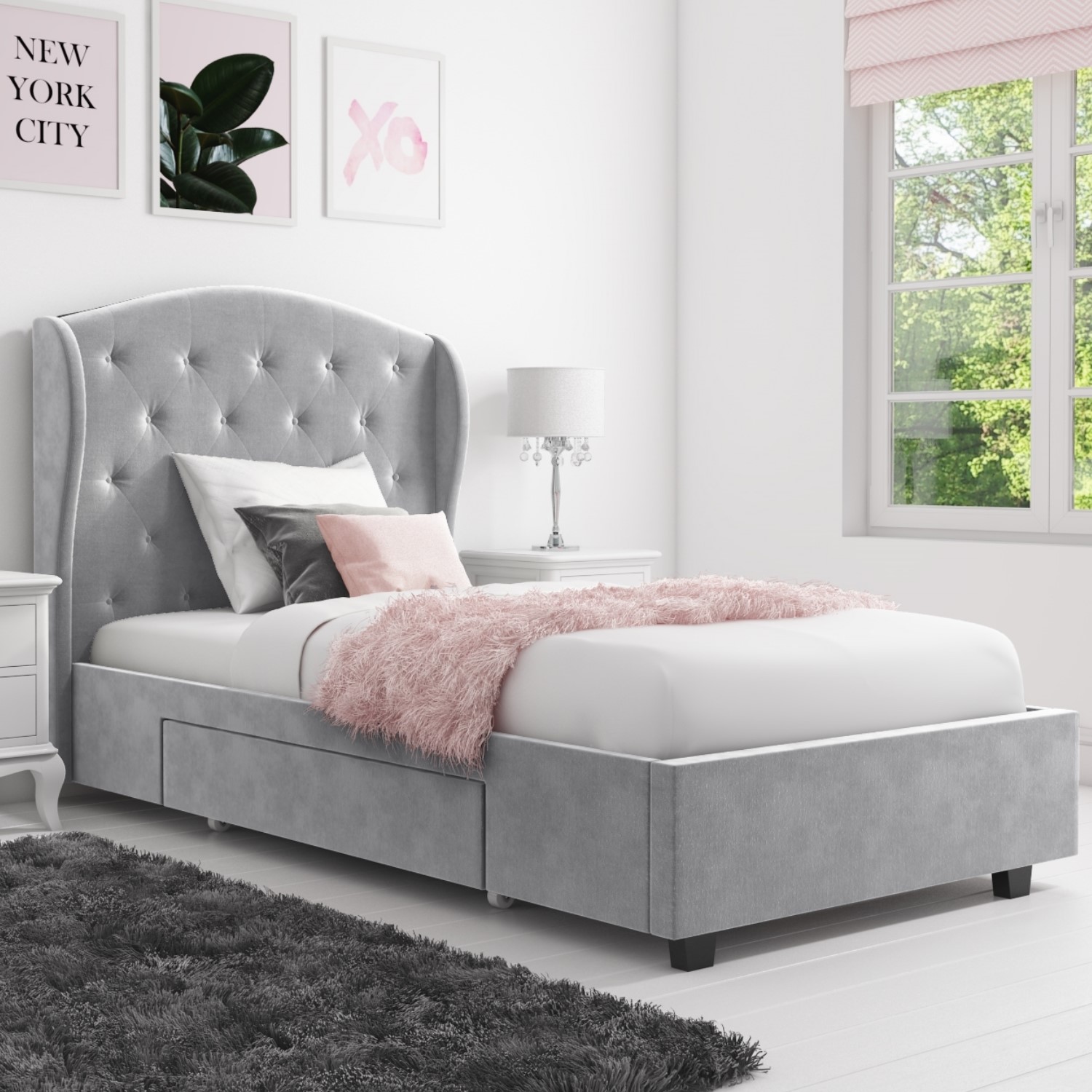Safina Wing Back Single Bed in Grey Velvet with Underbed Drawer
