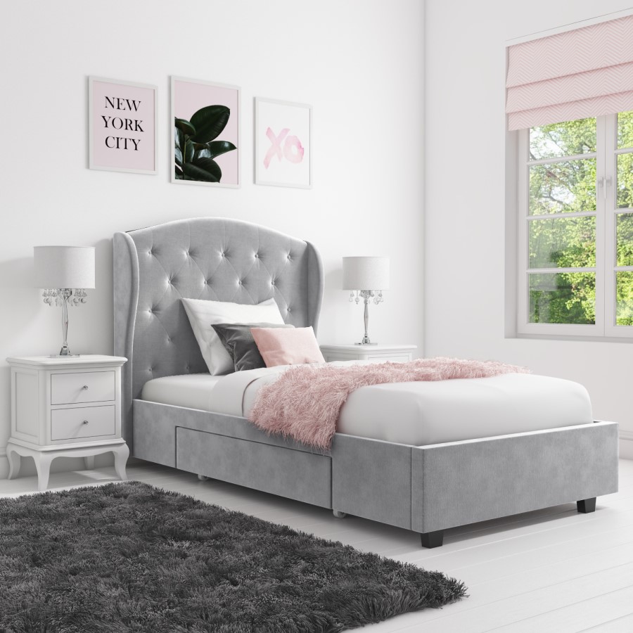 Grey Velvet Single Bed Frame with Storage Drawer - Safina