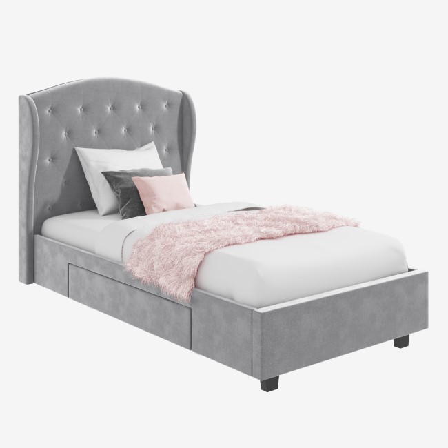 Grey Velvet Single Bed Frame with Storage Drawer - Safina