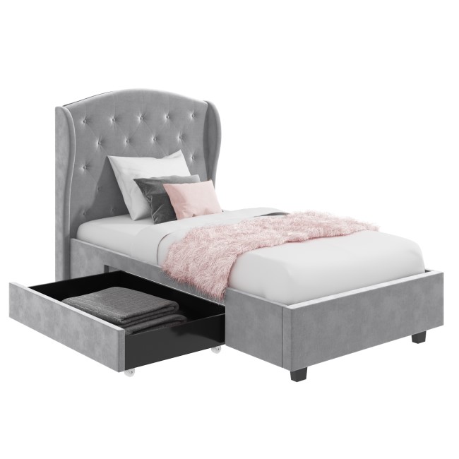 Grey Velvet Single Bed Frame with Storage Drawer - Safina