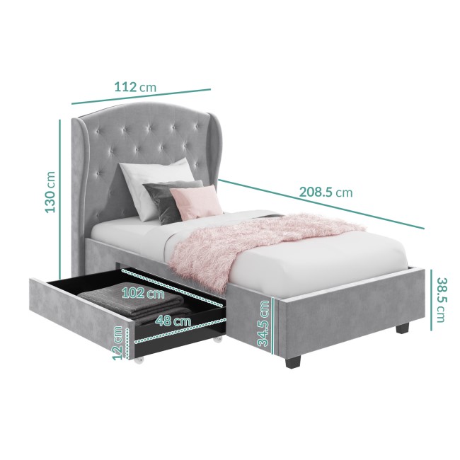 Grey Velvet Single Bed Frame with Storage Drawer - Safina