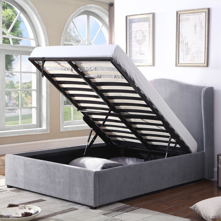 Safina Wing Back King Size Ottoman Bed in Grey Velvet