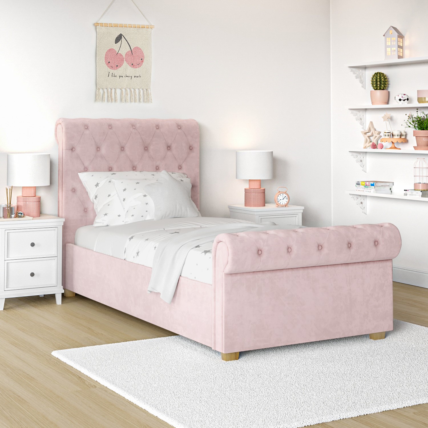 Single Shell Bed GRADE A2 - Safina Blush Pink Velvet Single Sleigh bed with Roll-Top ...