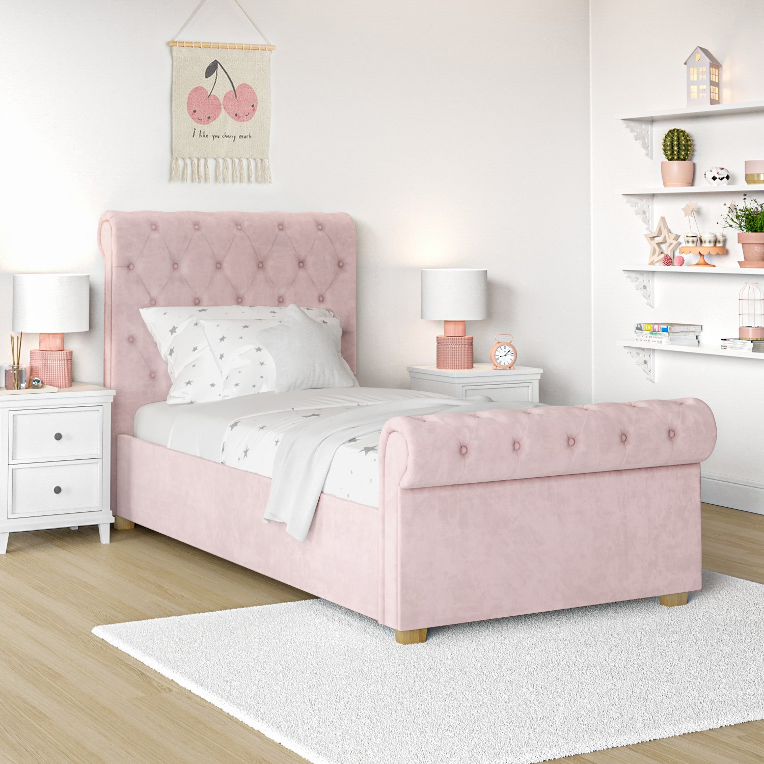 Safina Roll Top Single Sleigh Bed in Baby Pink Velvet
