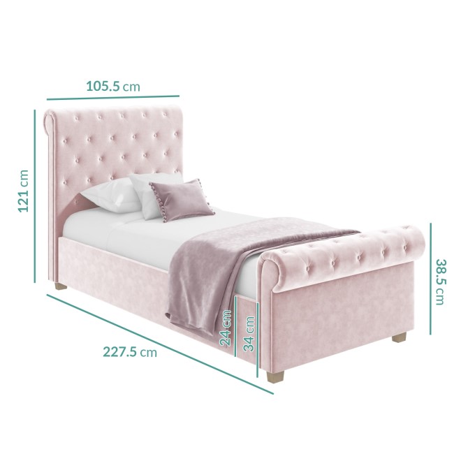 Pink Velvet Upholstered Single Sleigh Bed Frame - Safina