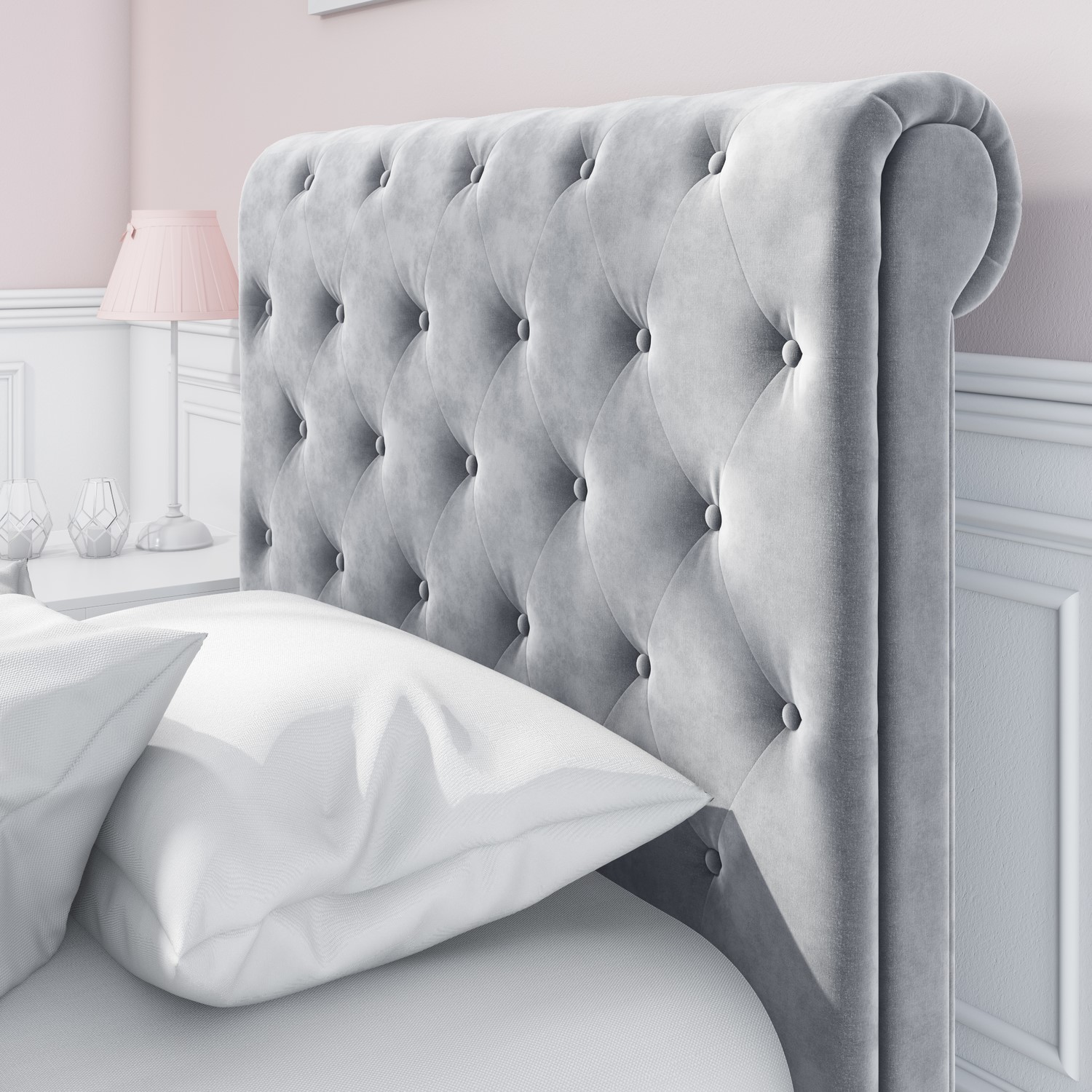 Safina Roll Top Single Sleigh Bed In Grey Velvet Furniture123