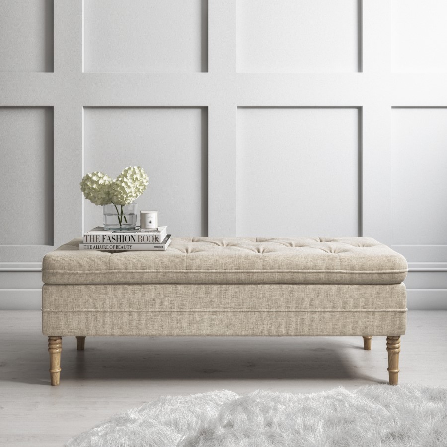 Beige Fabric End of Bed Ottoman Storage Bench - Safina