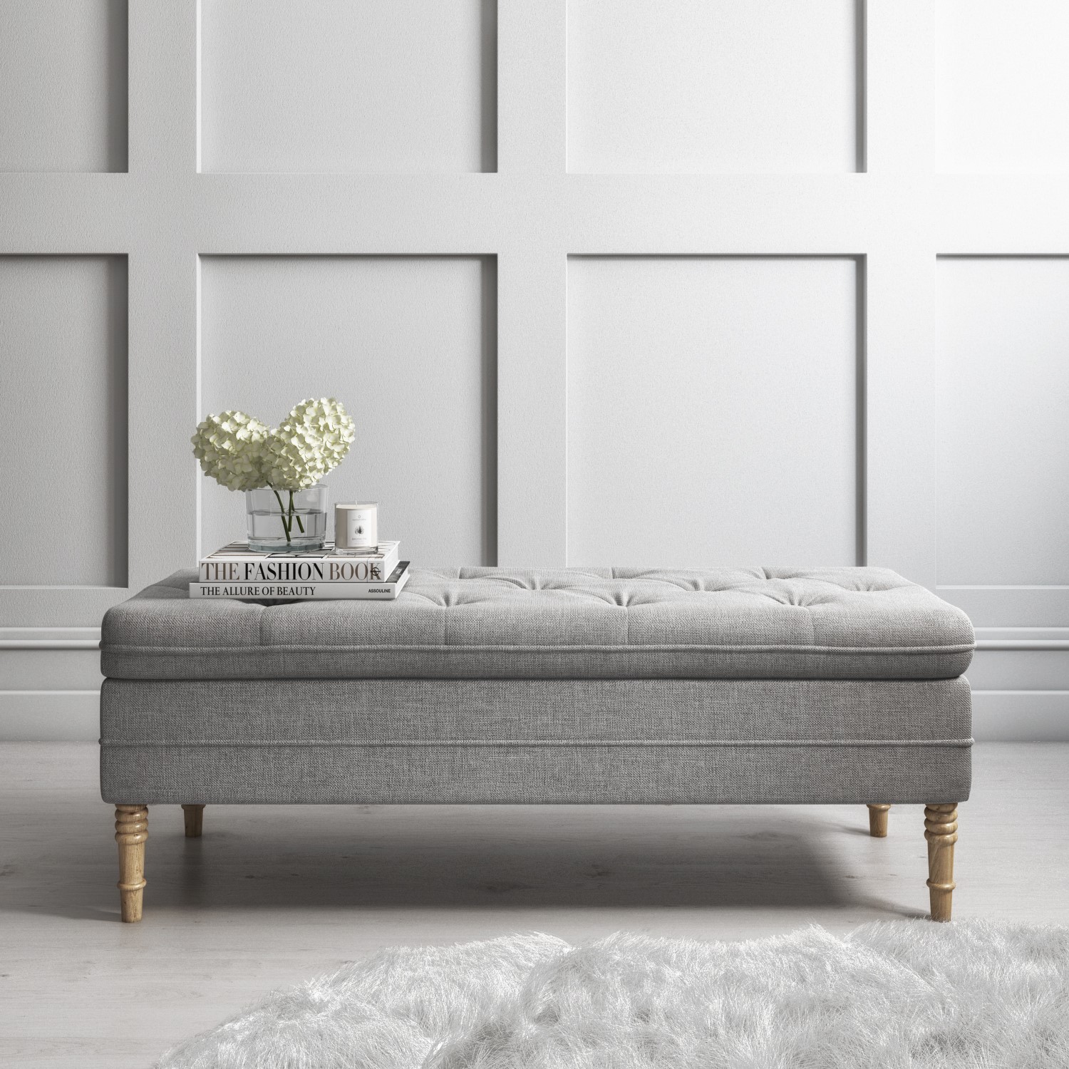Safina Ottoman Storage Bench In Woven Light Grey Fabric Furniture123