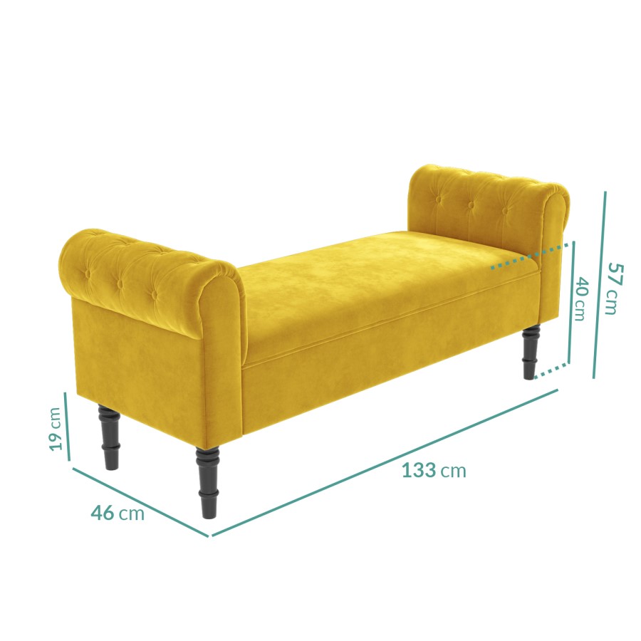 Safina Yellow Velvet Bench with Quilted Arm Rest