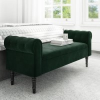 Green Velvet End-of-Bed Bench with Roll-Top Arms - Safina