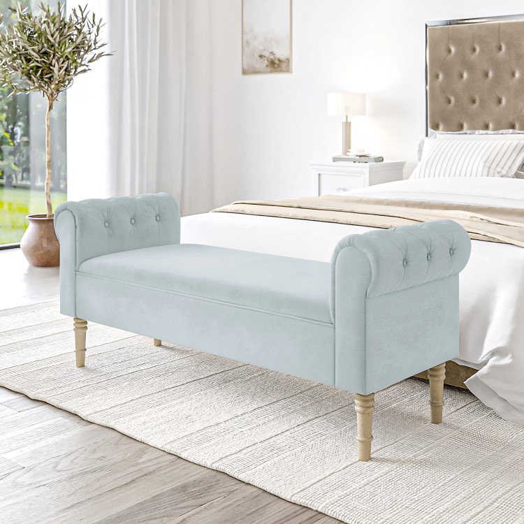 GRADE A2 - End-of-Bed Bench in Light Blue Velvet with Chesterfield Armrests - Safina