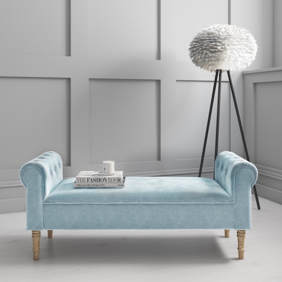 Safina Duck Egg Blue Velvet Hallway Bench with Quilted Arm Rest