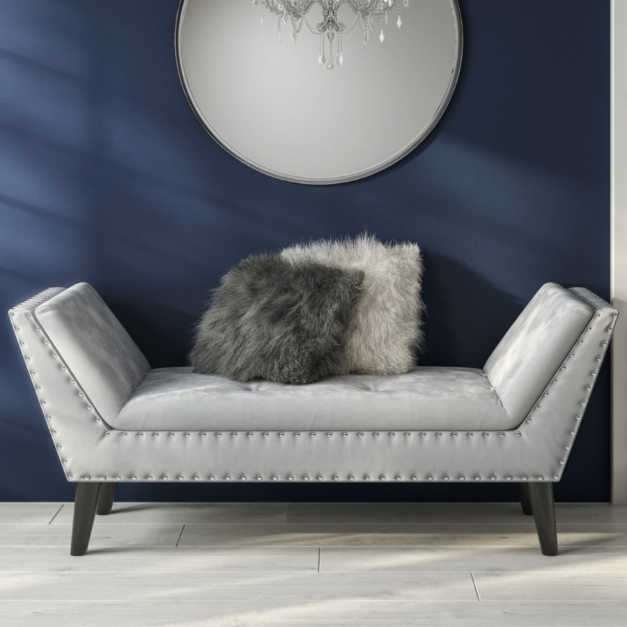 GRADE A1 - Safina Velvet Bench Seat with Stud Detailing in Light Grey