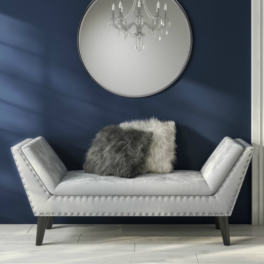 GRADE A1 - Safina Velvet Bench Seat with Stud Detailing in Light Grey