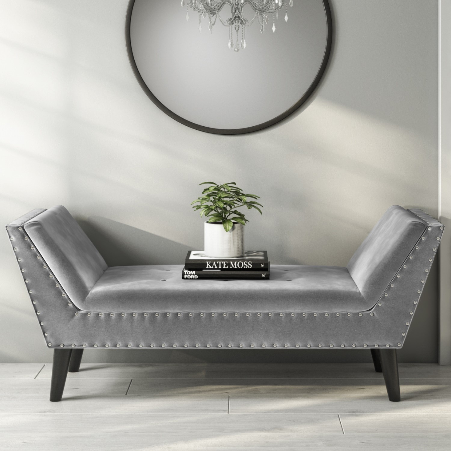 Photo of Cushioned end-of-bed bench in grey velvet - safina