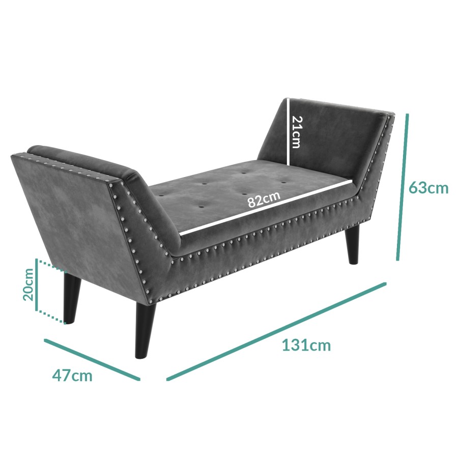 GRADE A2 - Safina Velvet Bench Seat with Stud Detailing in Dark Grey