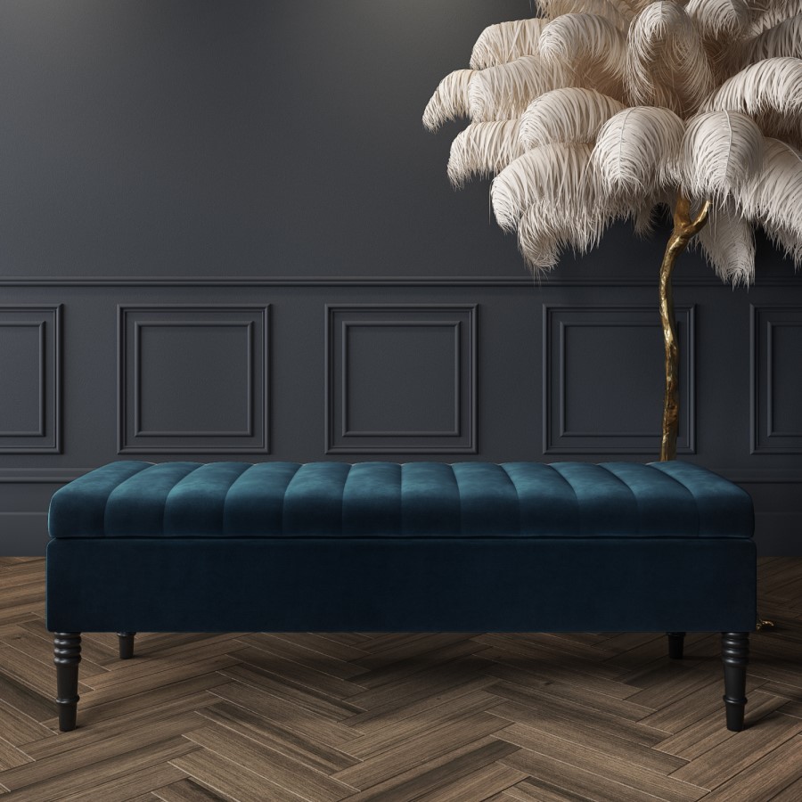 GRADE A1 - Safina Striped Top Ottoman Storage Bench in Navy Blue Velvet