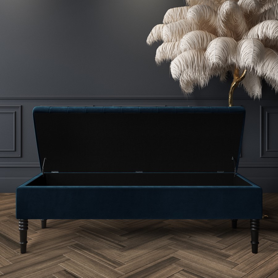 GRADE A1 - Safina Striped Top Ottoman Storage Bench in Navy Blue Velvet