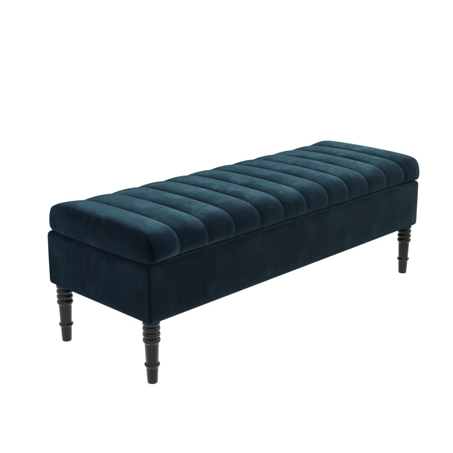 GRADE A1 - Safina Striped Top Ottoman Storage Bench in Navy Blue Velvet
