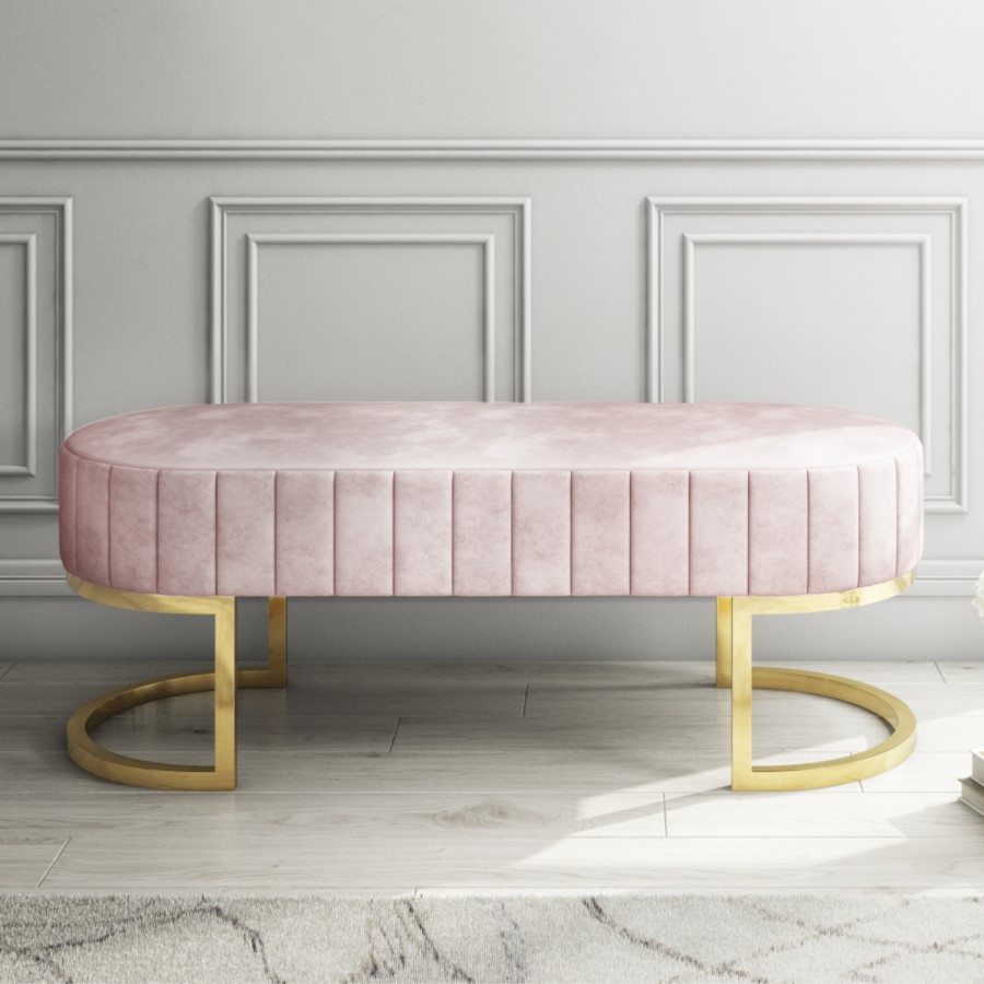 GRADE A1 - Safina Velvet Bench in Baby Pink with Gold Legs