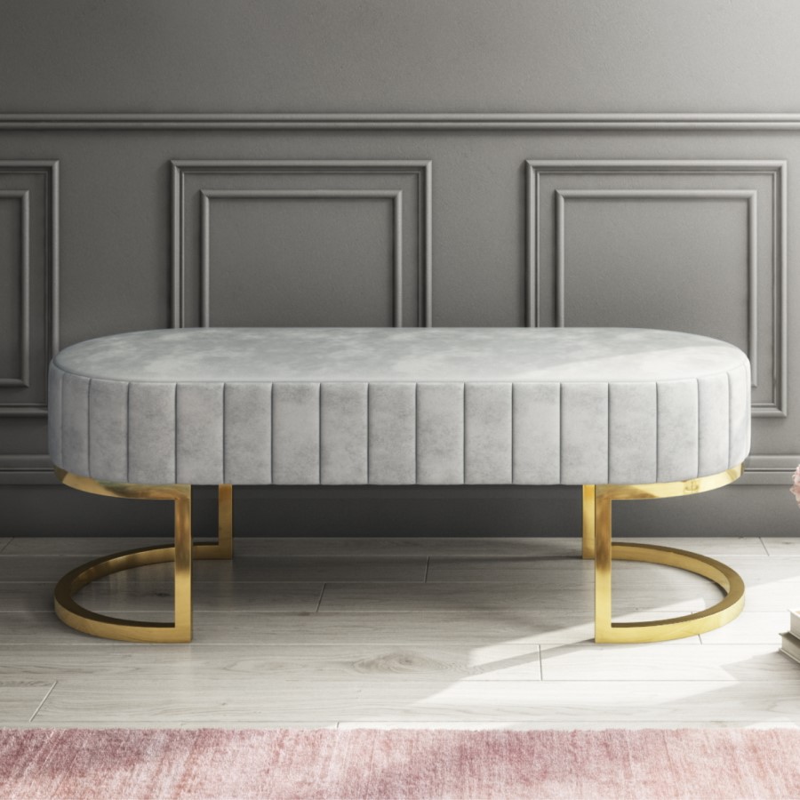 Safina Velvet Bench in Silver Grey with Gold Legs