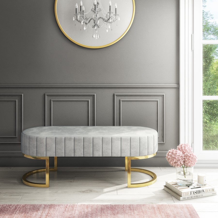 Safina Velvet Bench in Silver Grey with Gold Legs