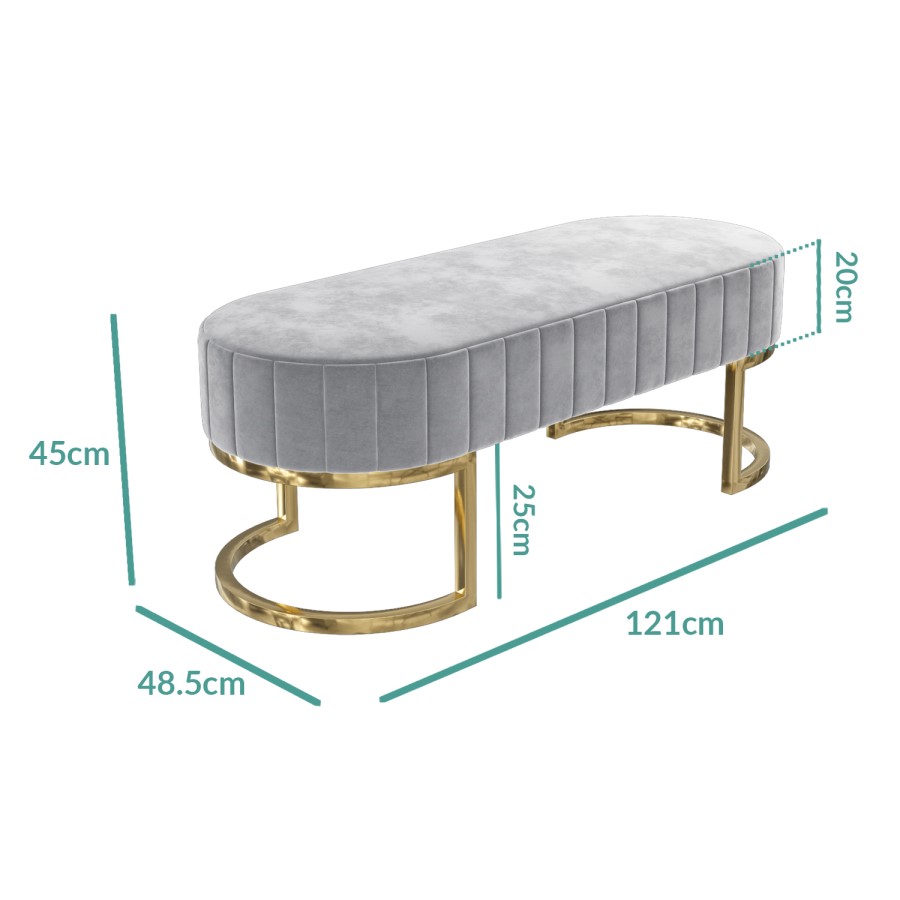 Safina Velvet Bench in Silver Grey with Gold Legs